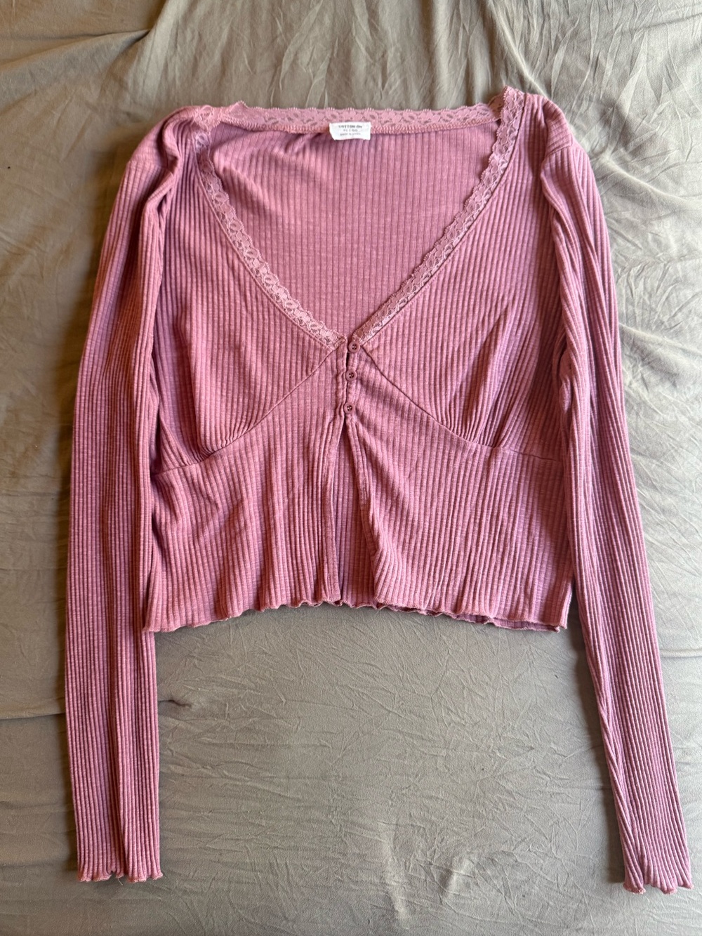 Women’s Ribbed Lace-Trim Button Front Top - Pink